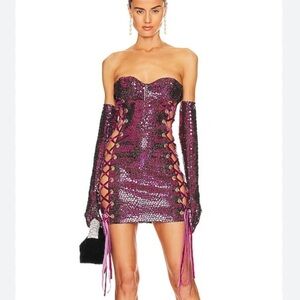 Bronx and Banco Juliette Lace Up Mini Dress Gloves Pink metallic Revolve XS